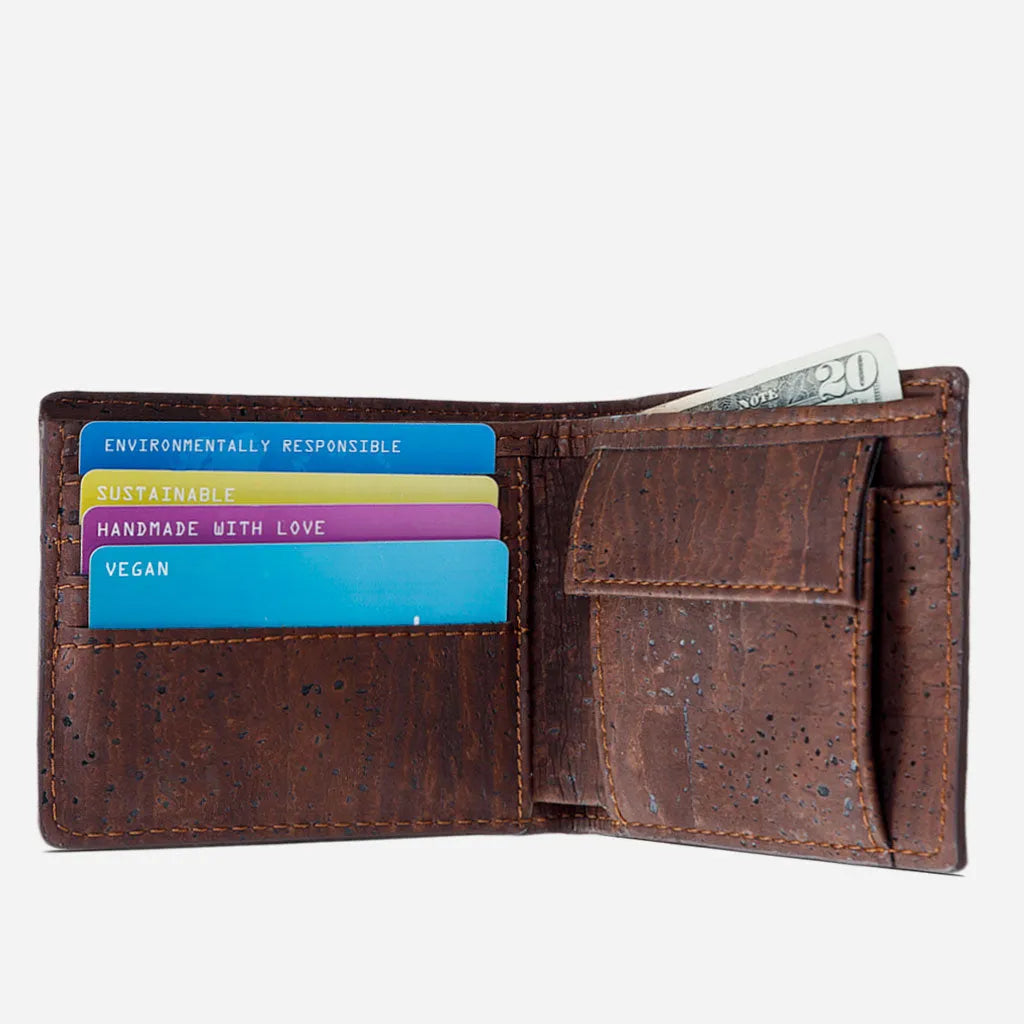 Brown cork wallet open, showing card slots, notes and the coin pocket