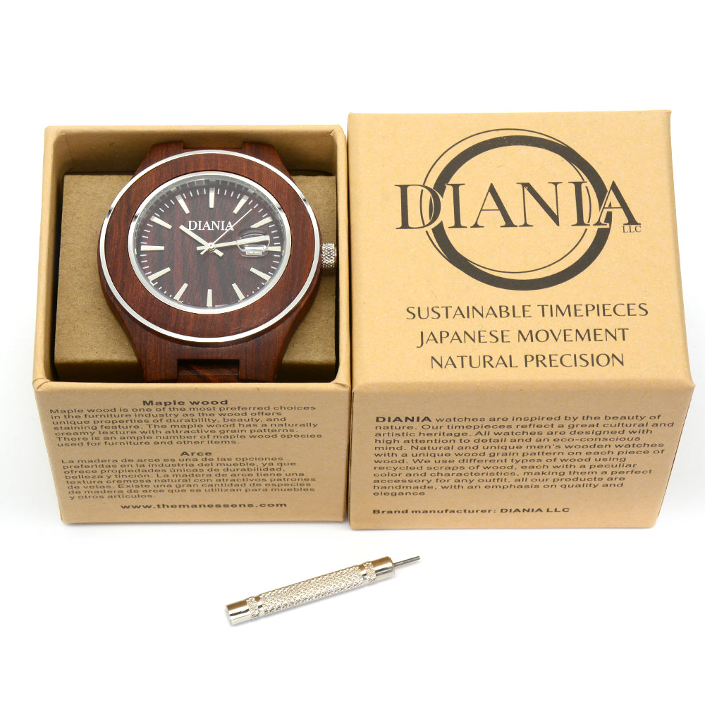 Torreta red sandalwood watch in cardboard box and screwdriver