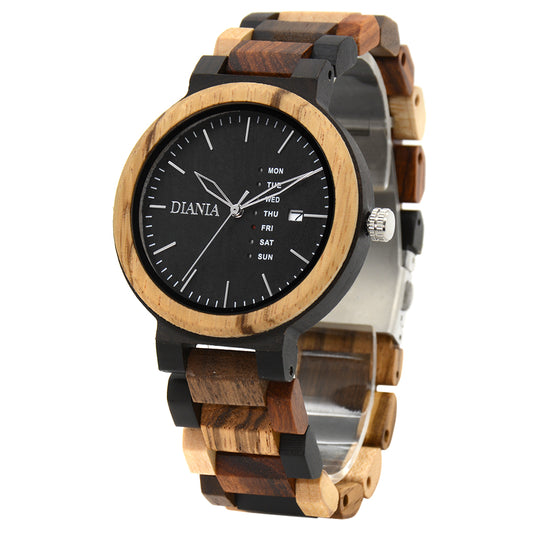 Rotglà black sandalwood and zebrawood watch upright to the side