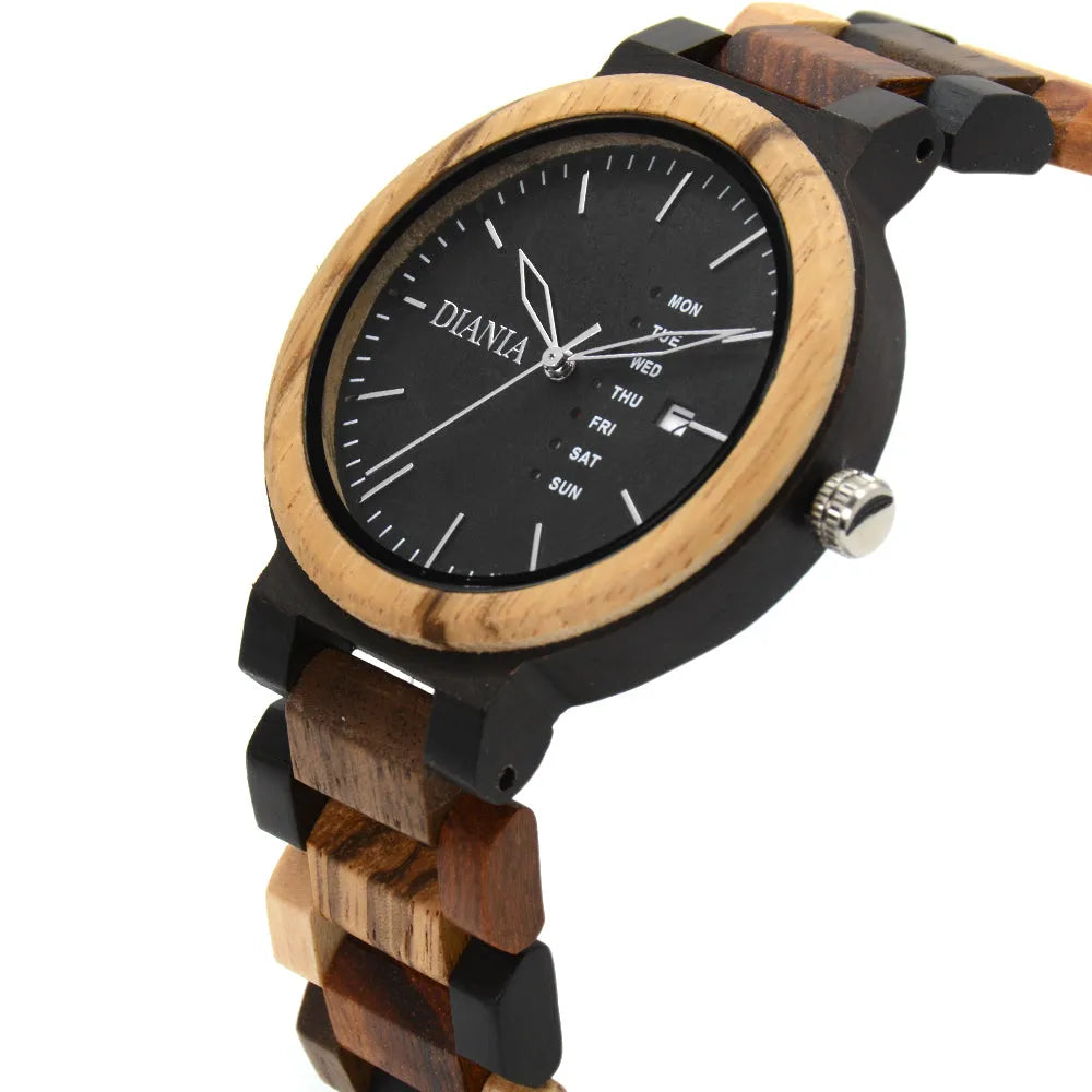 Rotglà black sandalwood and zebrawood watch close up