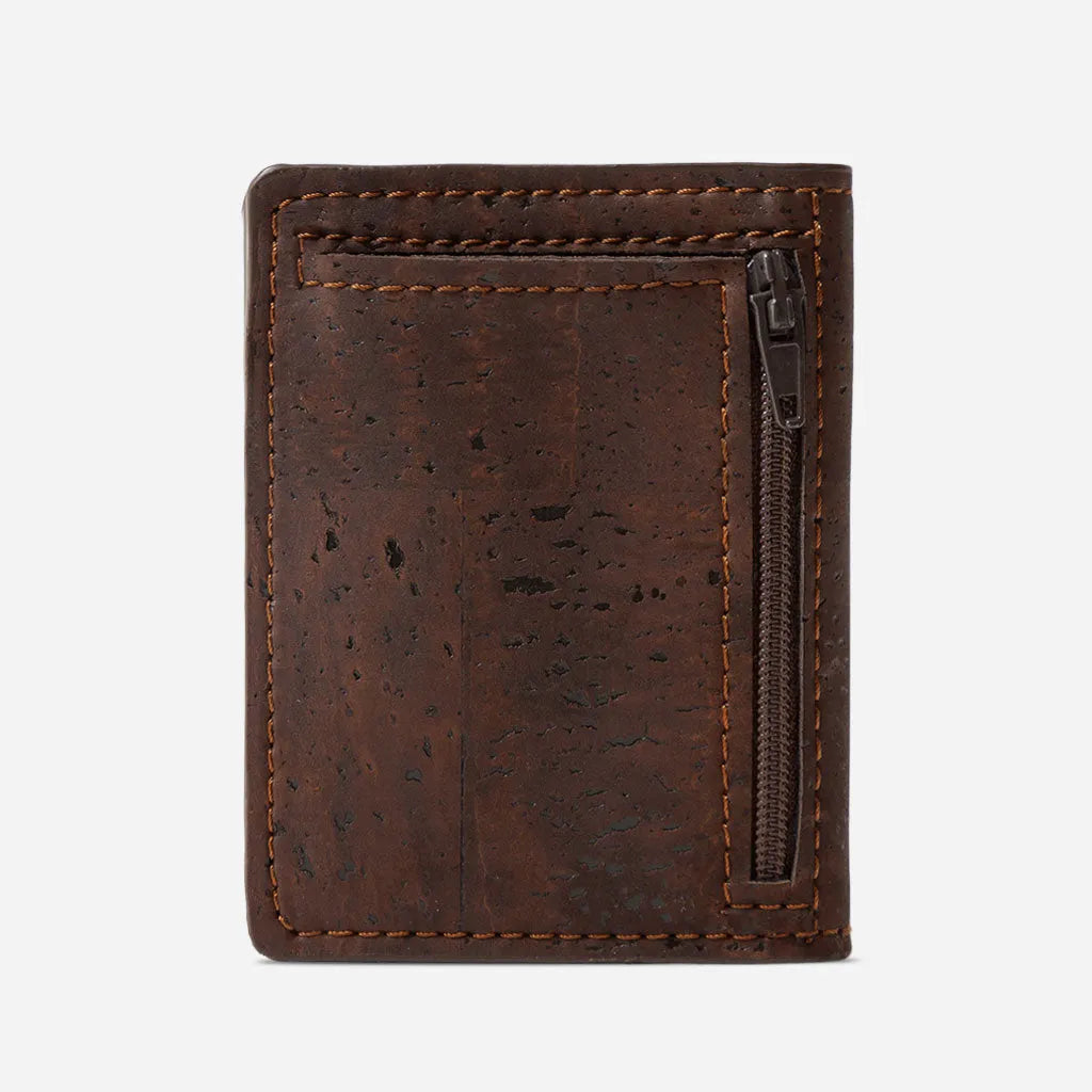Slim cork wallet in brown cork, made in Portugal, back view showing the zip coin pocket