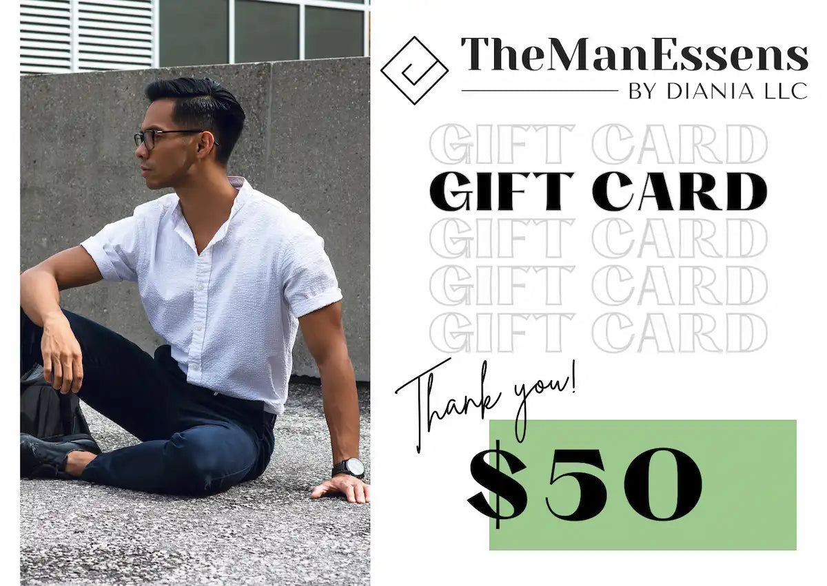 TheManEssens $50 gift card, man in a white shirt sitting on a rooftop