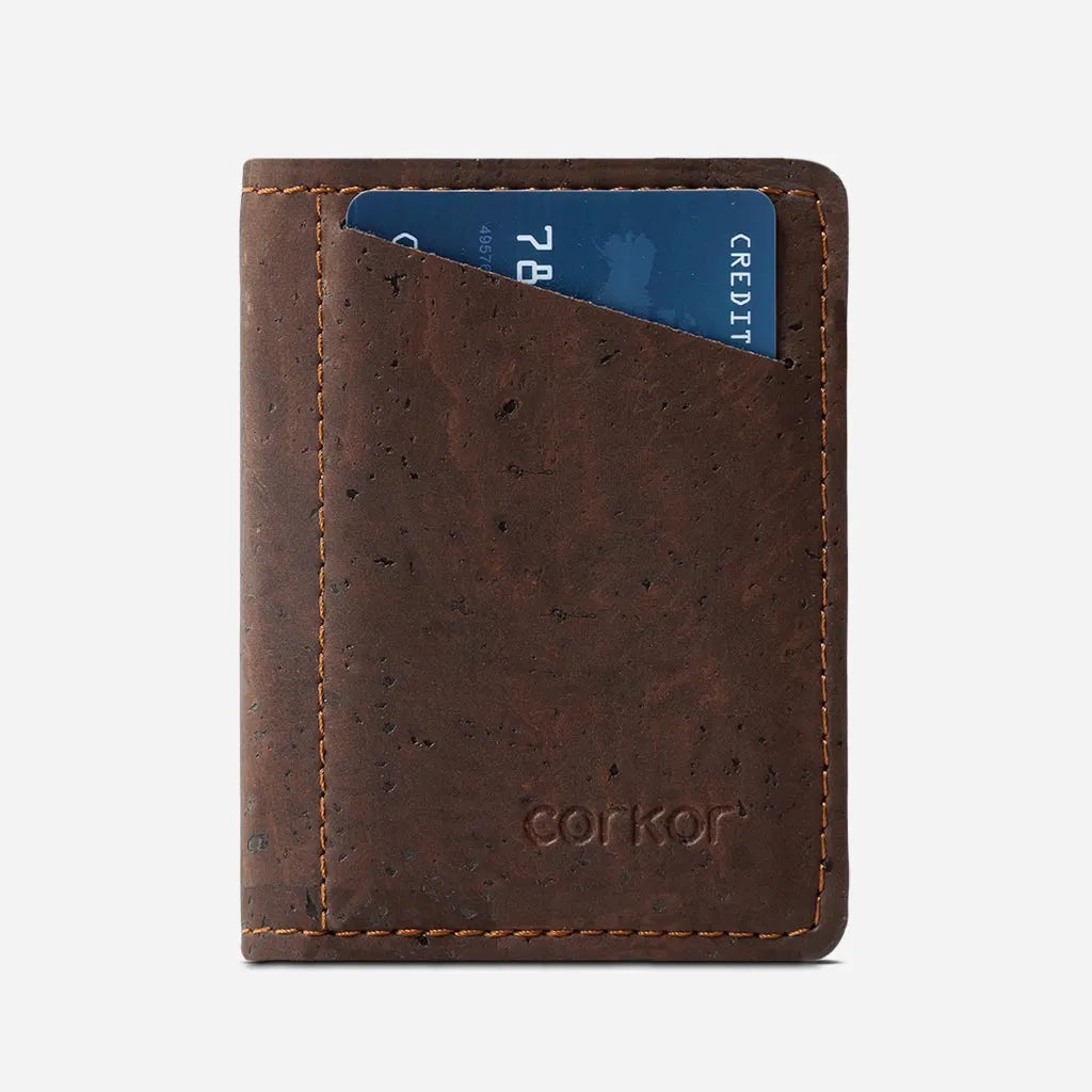 Brown slim cork wallet, front view with a card in the outside slot