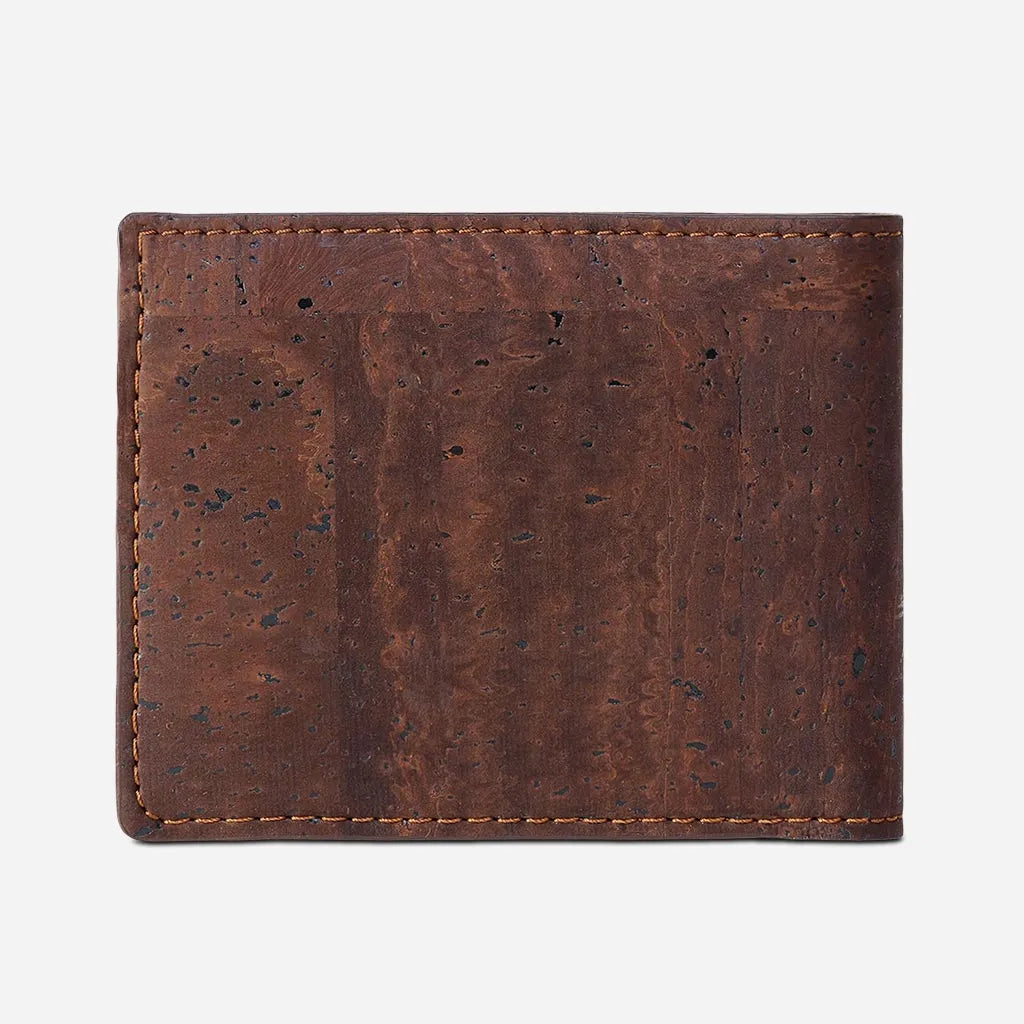 Brown cork wallet with coin pocket, back view