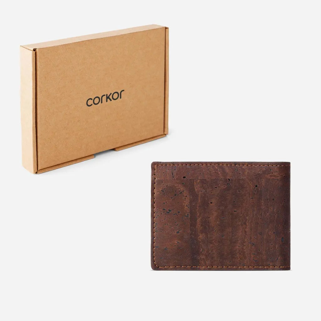 Brown cork wallet with coin pocket next to its box