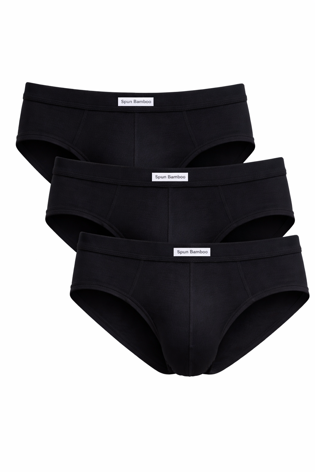 Three black bamboo viscose briefs, stacked