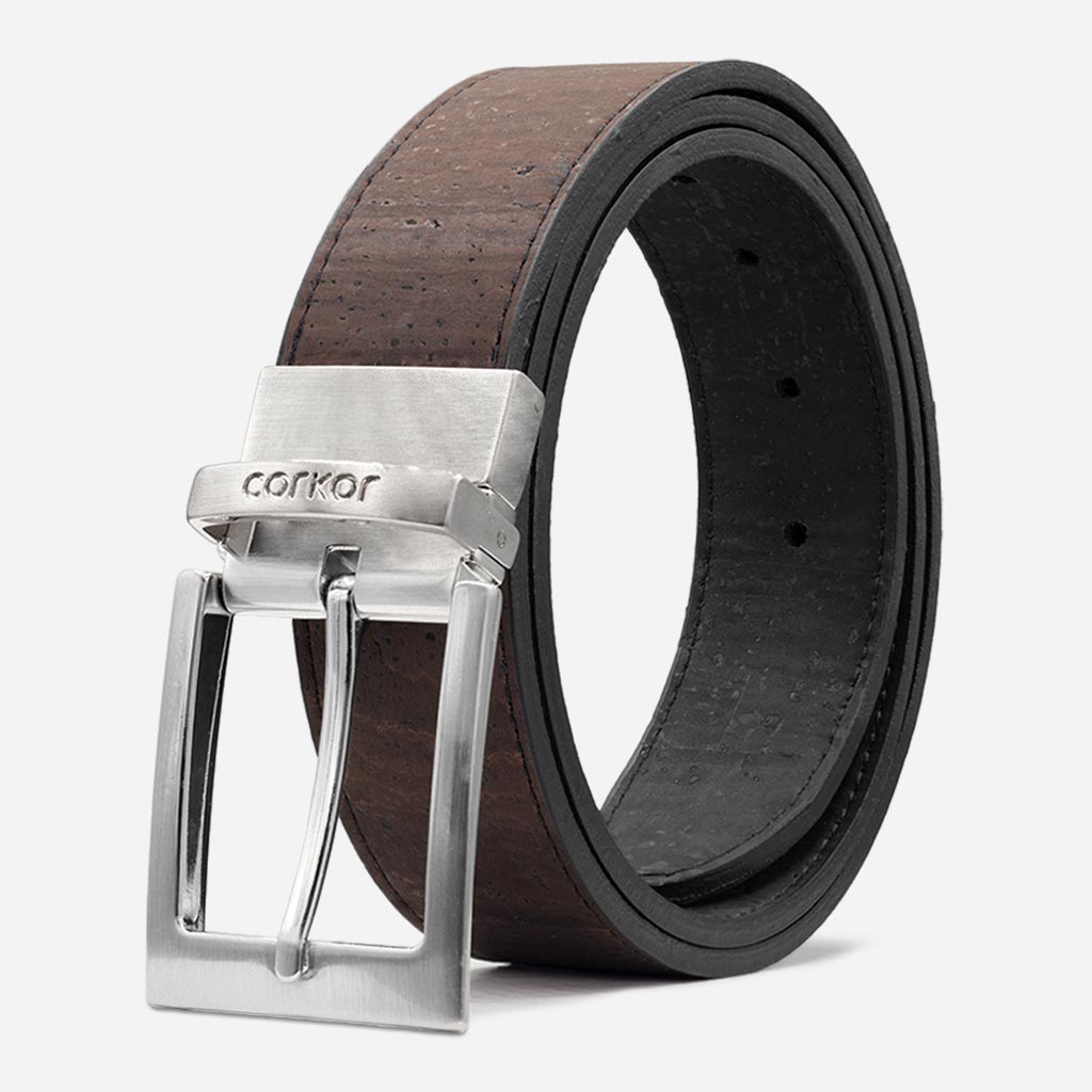 Reversible cork belt for men, 35 mm, made in Portugal, brown side out with silver-tone buckle