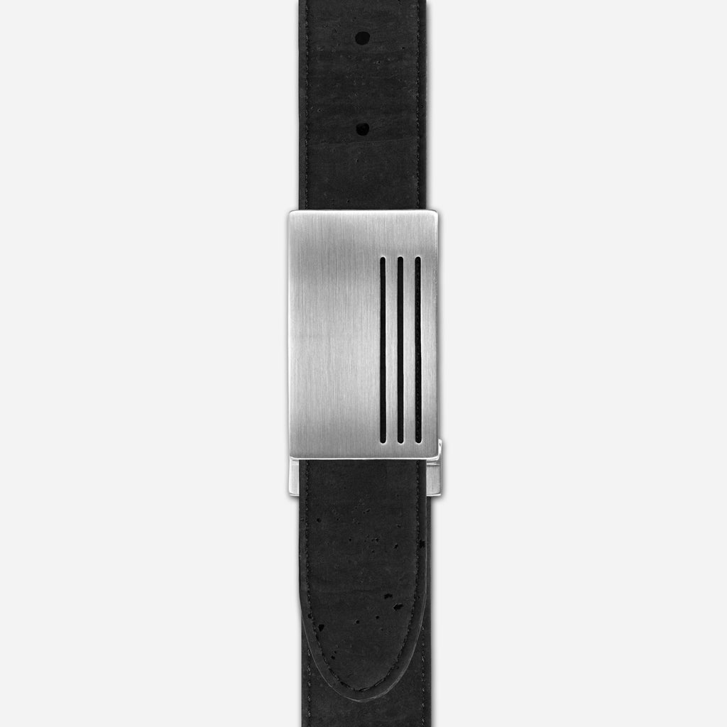 Brushed silver plaque buckle on the black cork strap