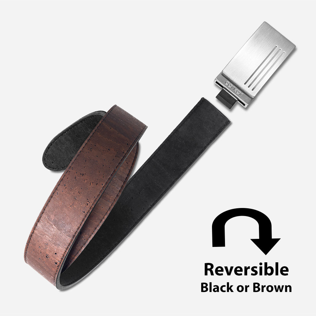 Cork belt strap turned to show the brown side, with removable plaque buckle
