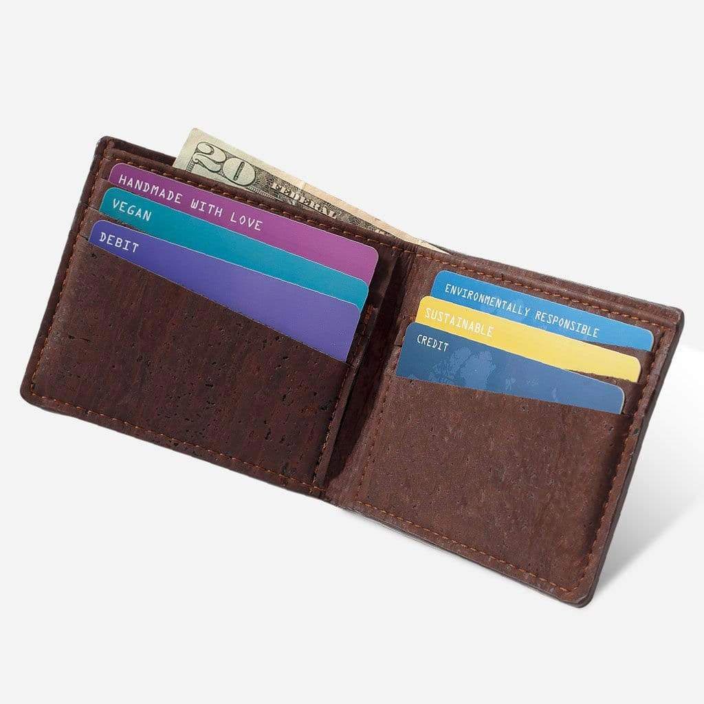 Brown slim cork wallet open, showing 6 card slots and the top bill compartment