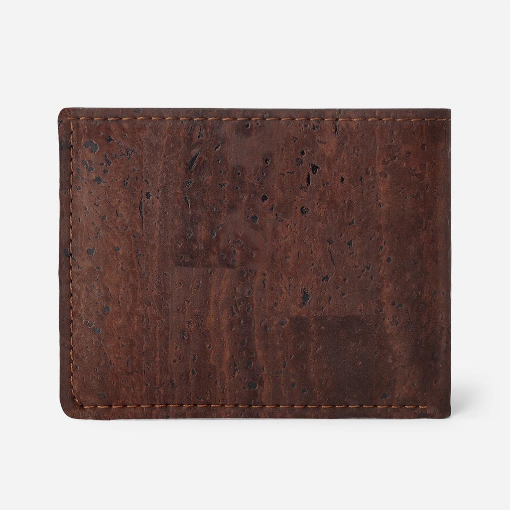 Brown cork bifold wallet, front view on white