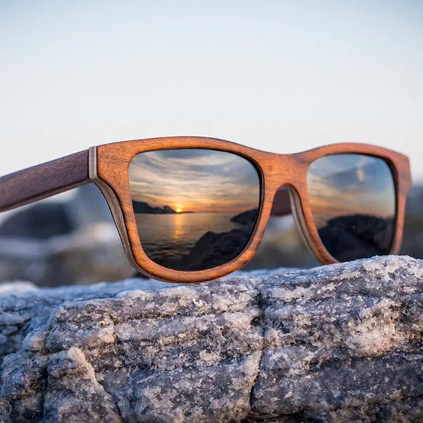 Wooden Sunglasses on a rock