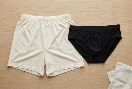 Cream bamboo viscose boxer shorts and black briefs arranged side by side on a pale wooden surface