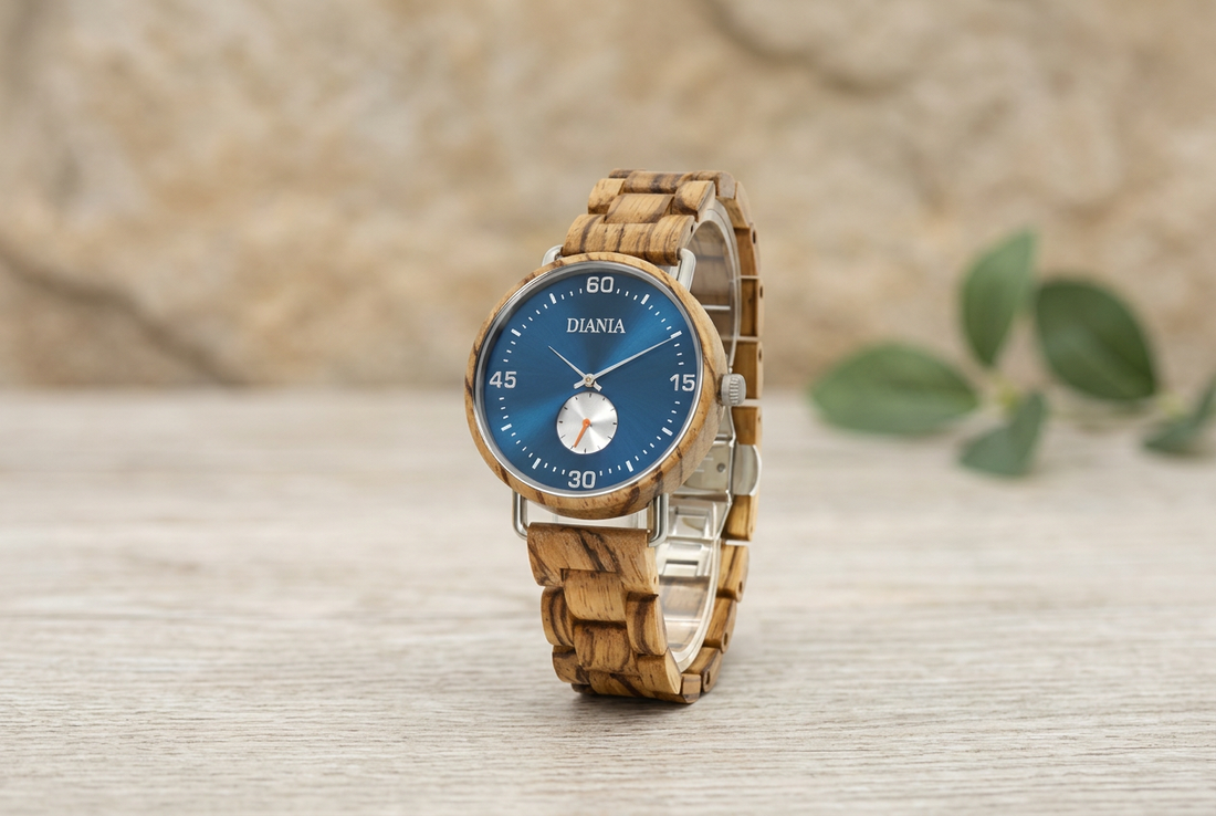 RANES zebrawood watch with a blue dial on a pale wooden surface against a natural stone background.