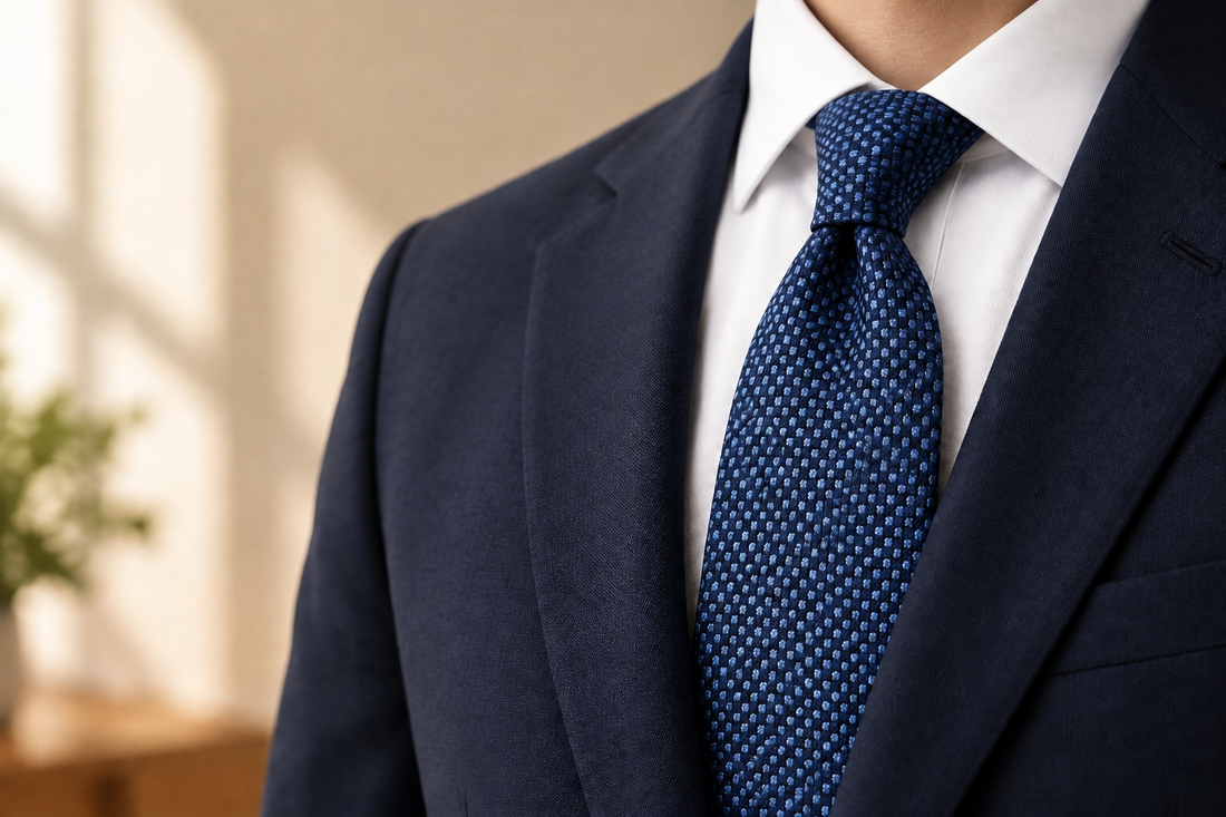 MIRAMAR navy and light blue silk necktie worn with a white shirt and navy jacket.