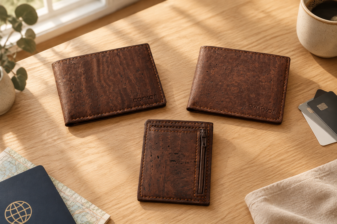 Three brown cork wallets arranged on a warm wooden table with a linen cloth, showing different everyday wallet designs