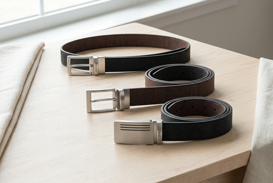 Three black and brown reversible cork belts with silver-tone classic and plaque buckles arranged on a pale wooden table