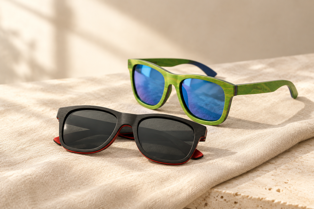 Two wooden sunglasses on cream linen, one black with red detailing and one green with blue lenses
