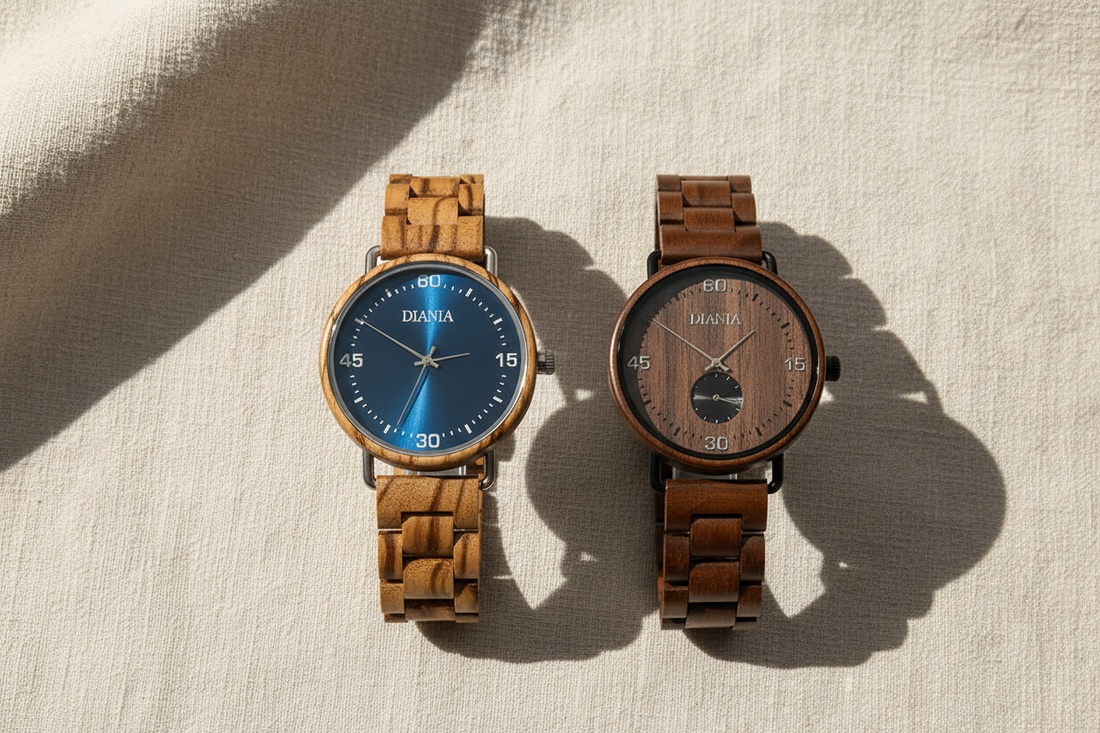 Wooden watches vs metal watches flat lay comparison - zebrawood and walnut watches side by side
