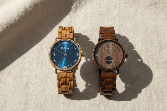 Wooden watches vs metal watches flat lay comparison - zebrawood and walnut watches side by side