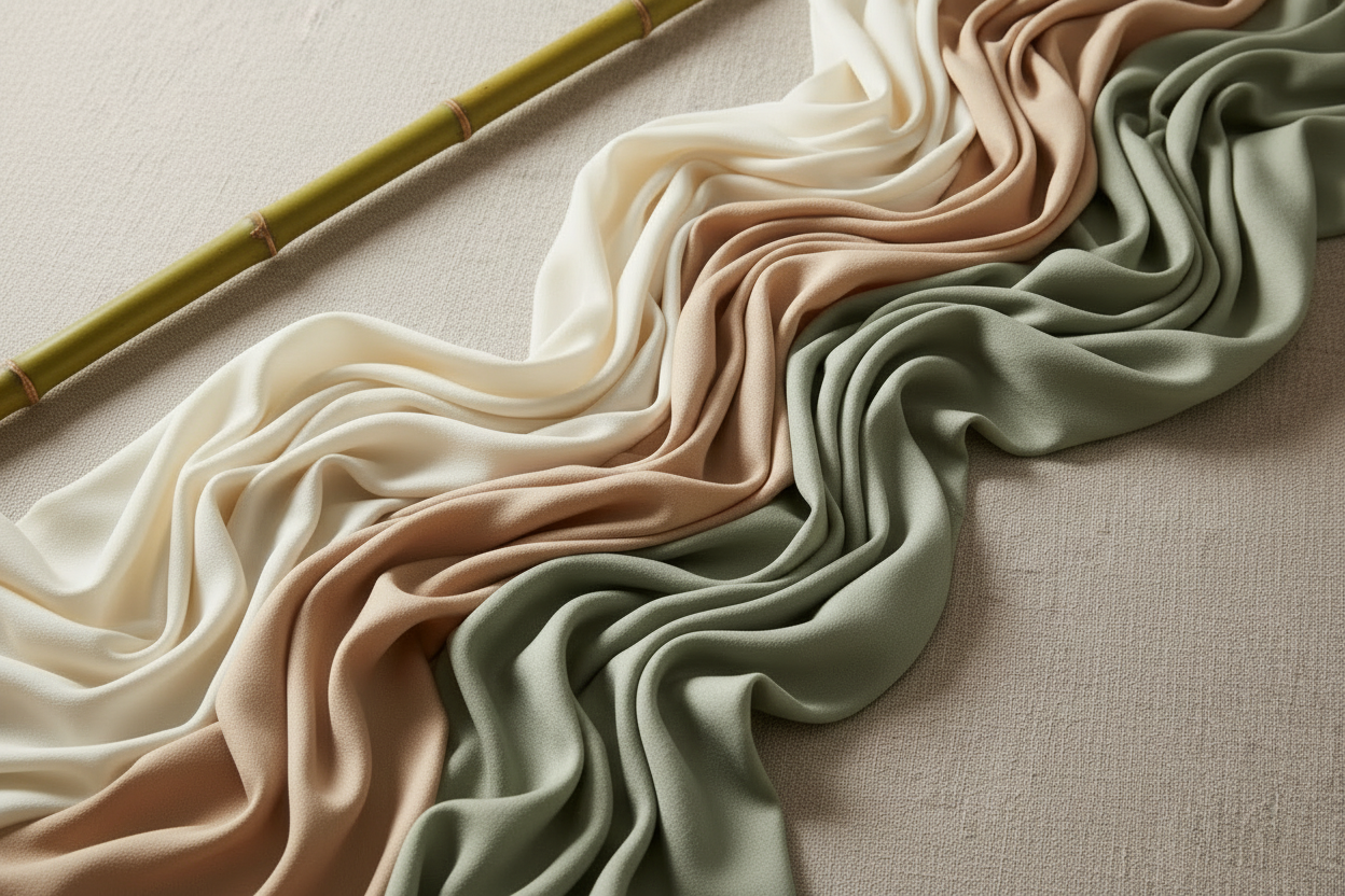 Three draped fabric swatches in cream, blush beige, and sage green arranged diagonally on a textured beige surface, with a green bamboo stem running across the top left.