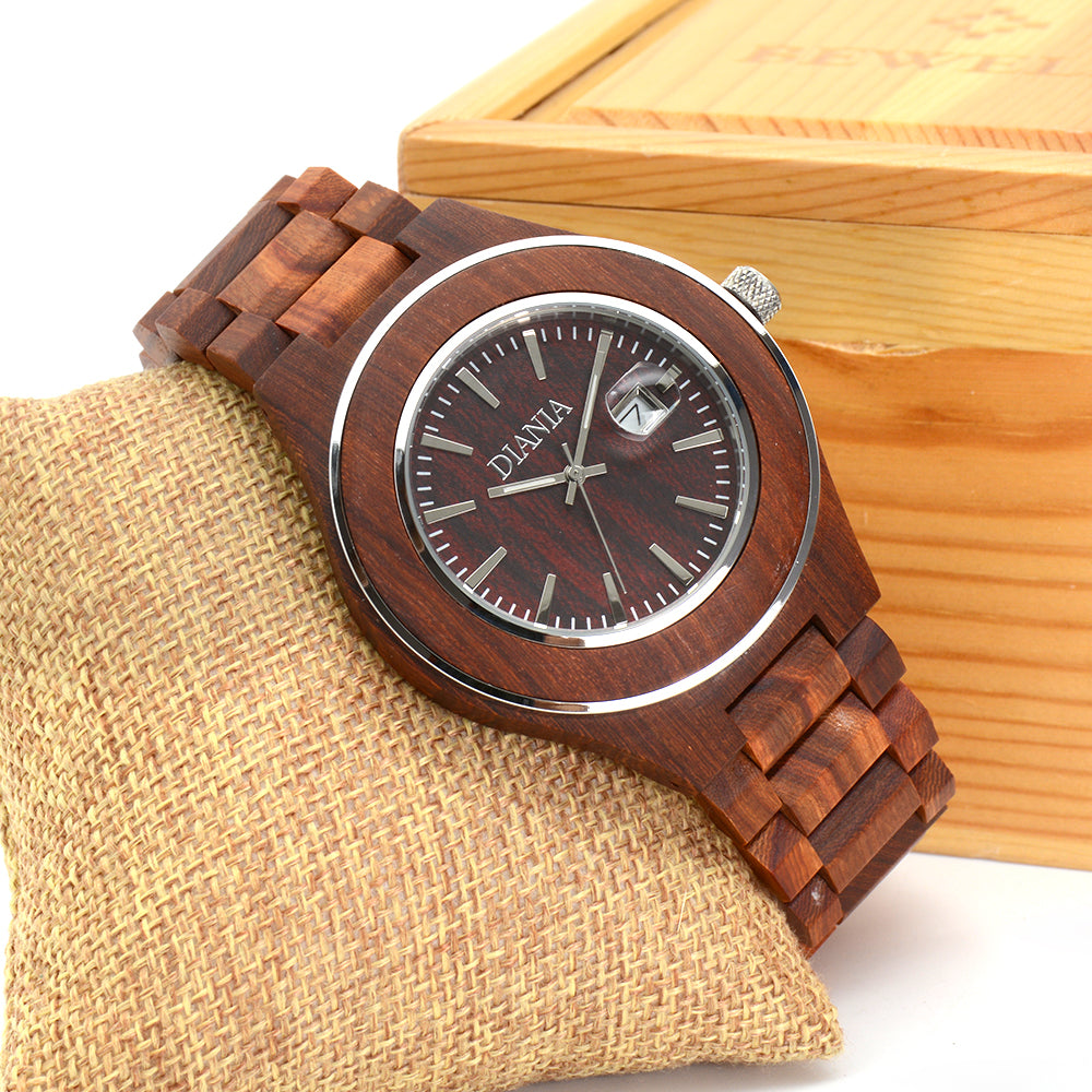 Torreta red sandalwood watch leaning on cushion