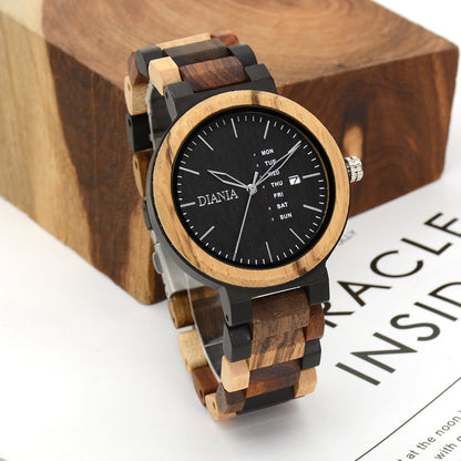 Rotglà black sandalwood and zebrawood watch leaning on wooden block