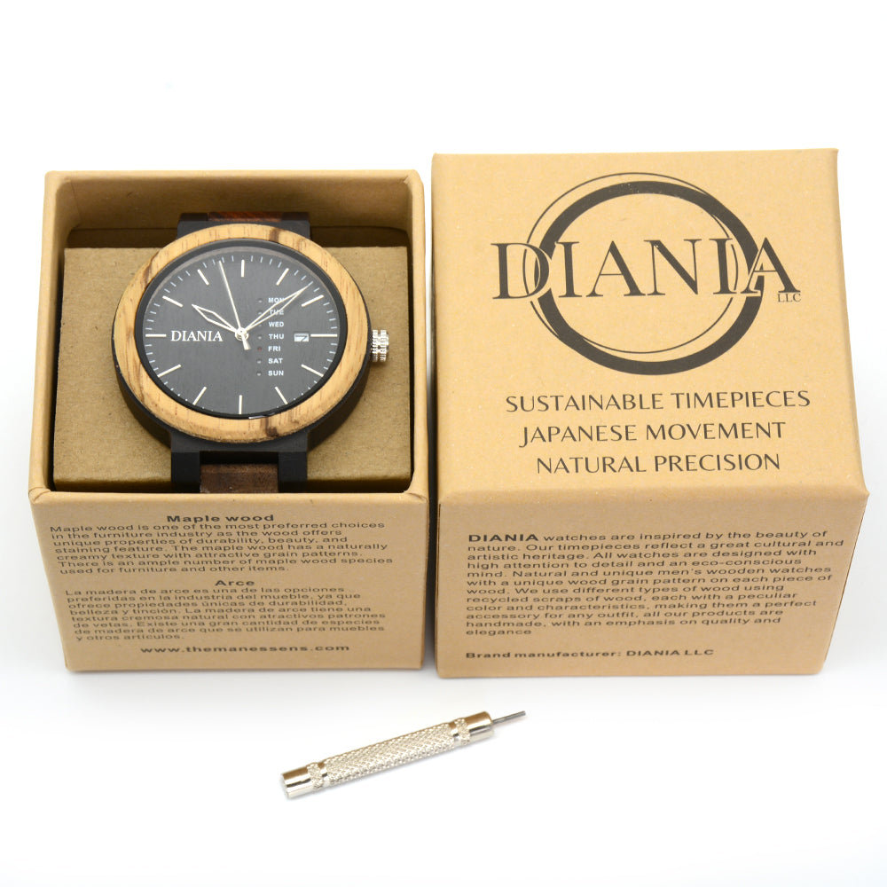 Rotglà black sandalwood and zebrawood watch in cardboard box and metal screwdriver