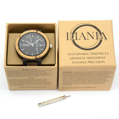 Rotglà black sandalwood and zebrawood watch in cardboard box and metal screwdriver