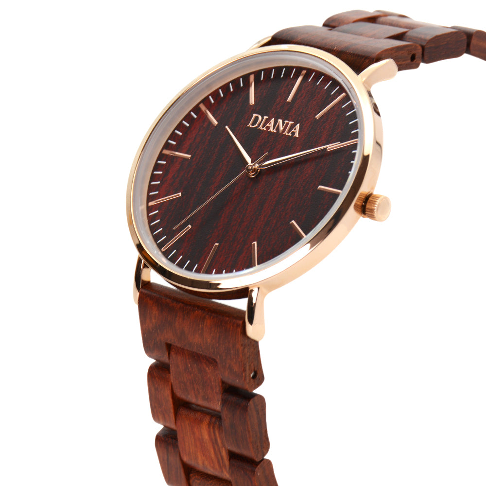 Vallada stainless steel and red sandalwood watch close up