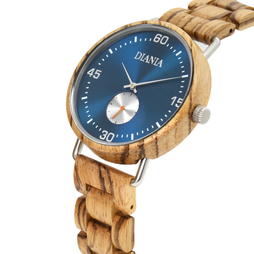 Ranes steel and zebrawood watch close up