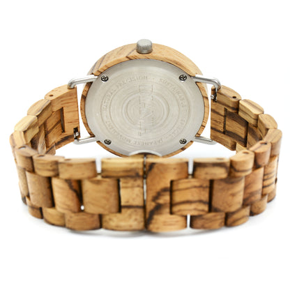 Ranes steel and zebrawood watch view from the back