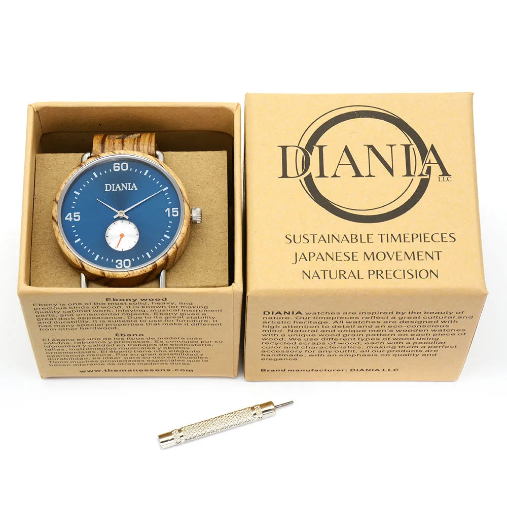 Ranes steel and zebrawood watch in carboard box and screwdriver