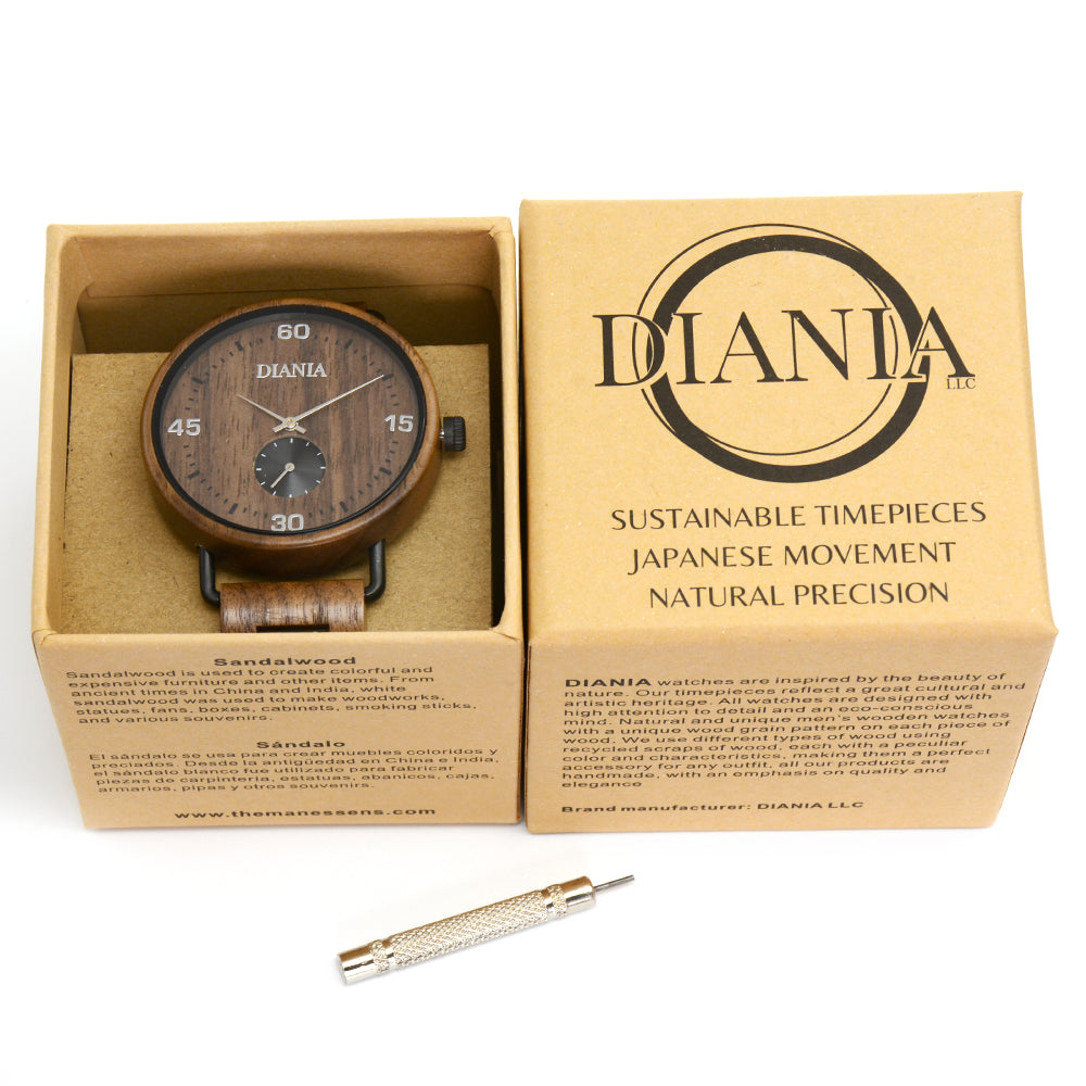 Llanera steel and black walnut watch in cardboard box and metal screwdriver
