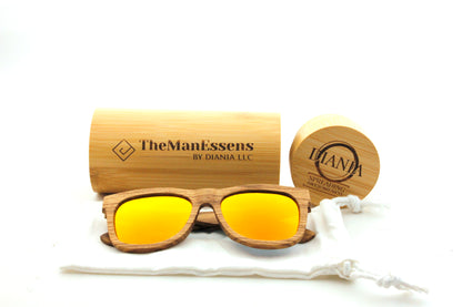 Carrasqueta zebra wood sunglasses on cotton bag in front of bamboo cilinder case