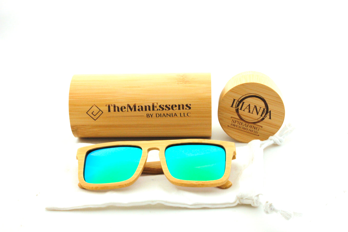 Teixereta bamboo wood sunglasses on cotton bag in front of bamboo tube case