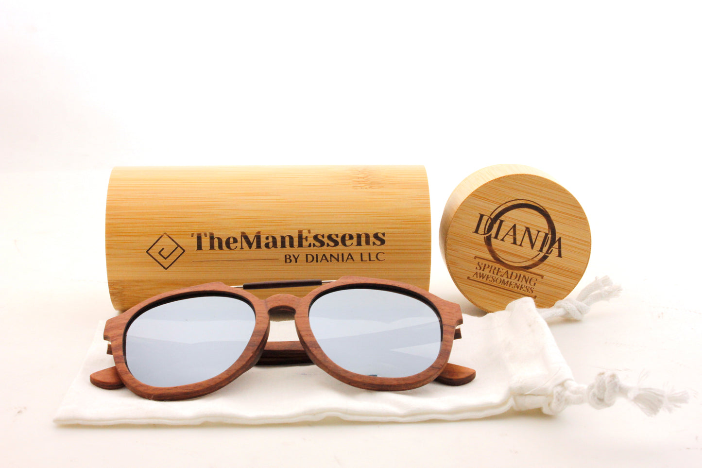 Barcella bubinga wood sunglasses on cotton bag and bamboo case on the back