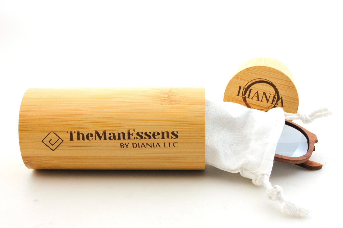 Barcella Bubinga Wood Sunglasses inside cotton bag and bamboo case