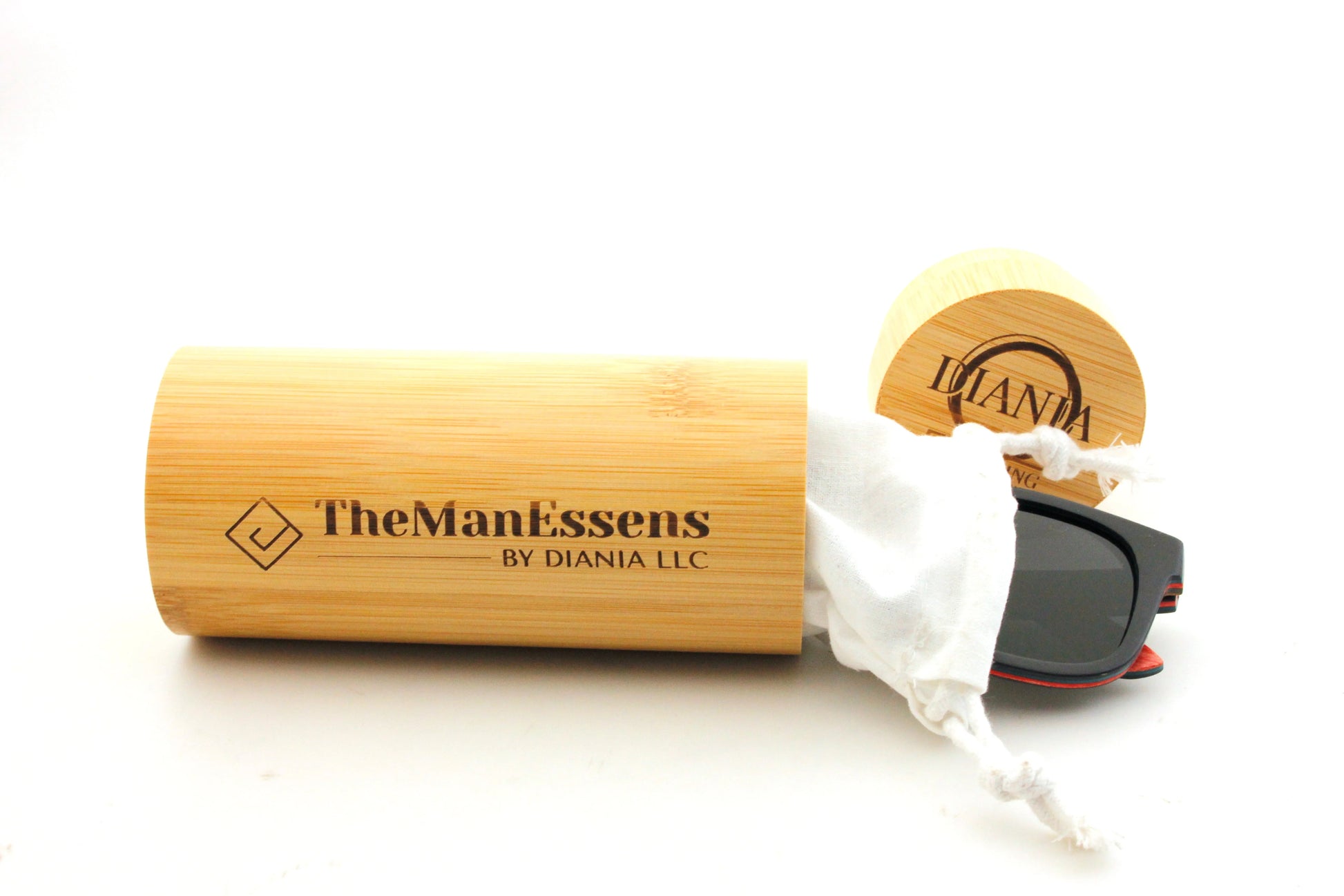 Penya-Roja black skateboard wooden sunglasses inside cotton bag and bamboo tube case