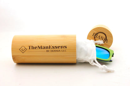 Quarter bamboo wood sunglasses inside cotton bag and bamboo tube case