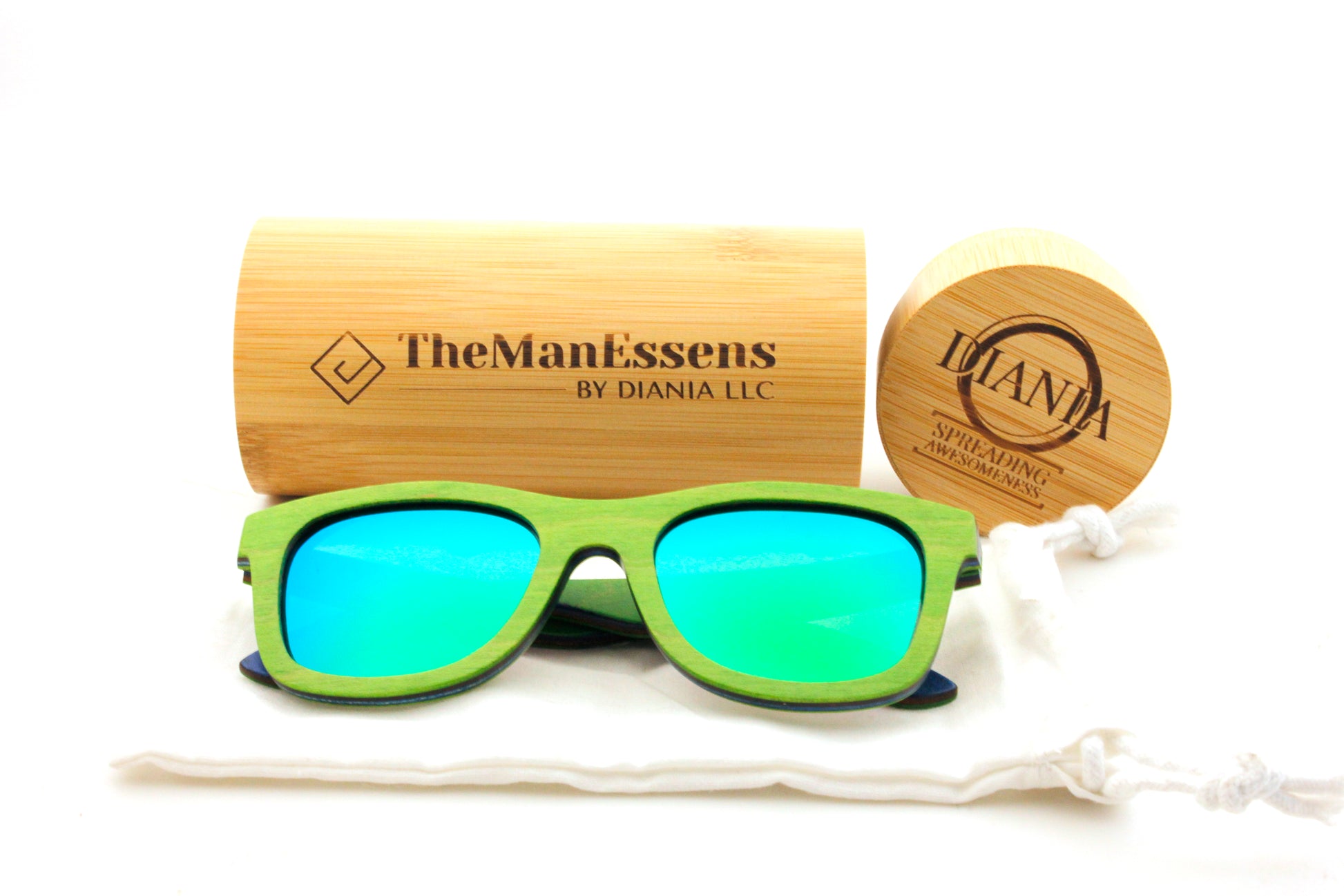 Quarter bamboo wood sunglasses on cotton bag in front of bamboo tube case