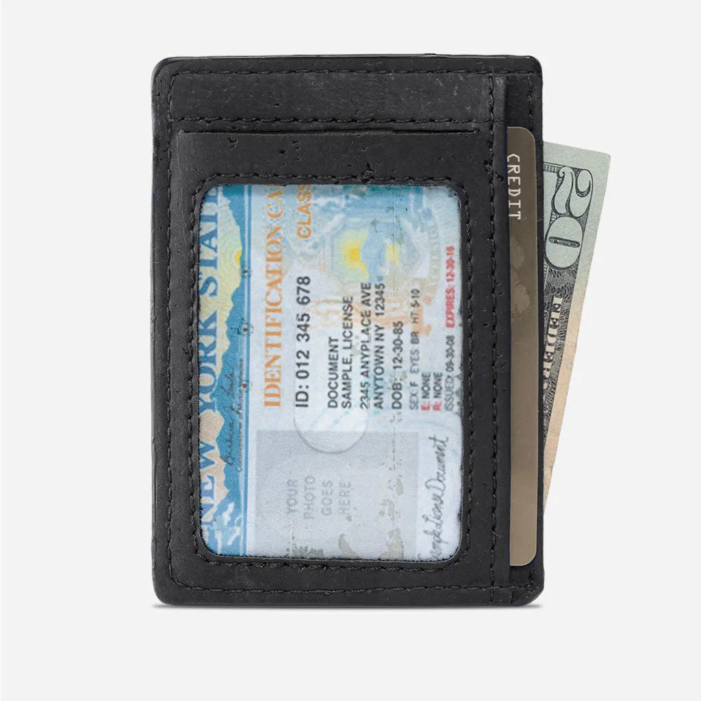 ID Window on the back side of the Cards holder wallet. With cards and 20 dollar bill.