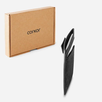The Vegan Minimalist Cork Card Sleeve Wallet and its box.