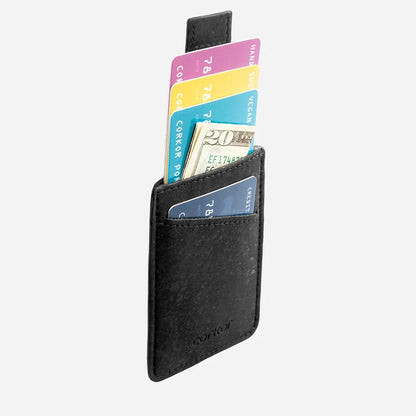 The Vegan Minimalist Cork Card Sleeve Wallet and its easy storage of cards and money.