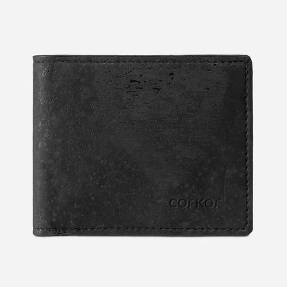 Front Side of The Vegan Minimalist Cork Wallet with coin pocket. Black Cork.