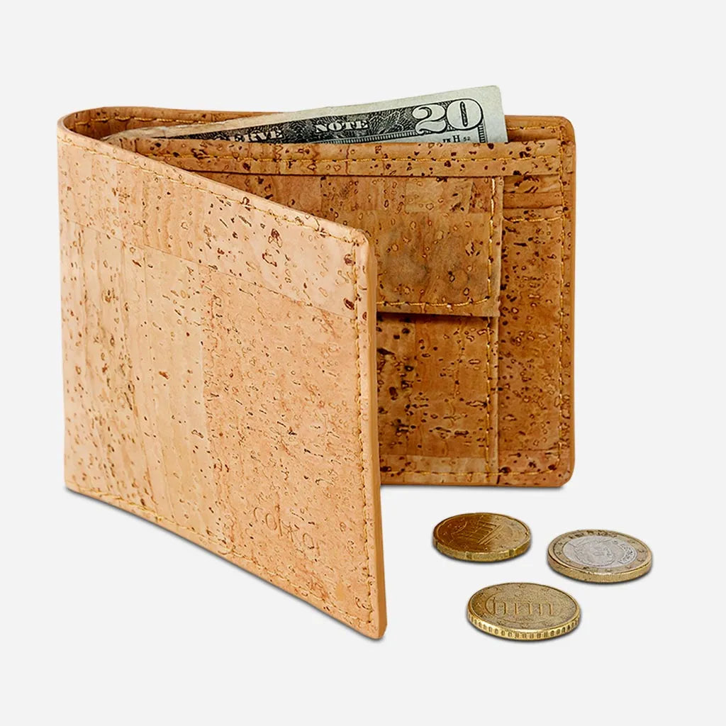 Front Side of The Vegan Minimalist Cork Wallet with coin pocket. Light Brown Cork.