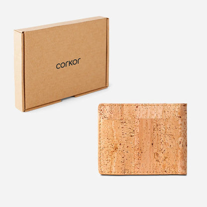 The Vegan Minimalist Cork Wallet with coin pocket and its box.
