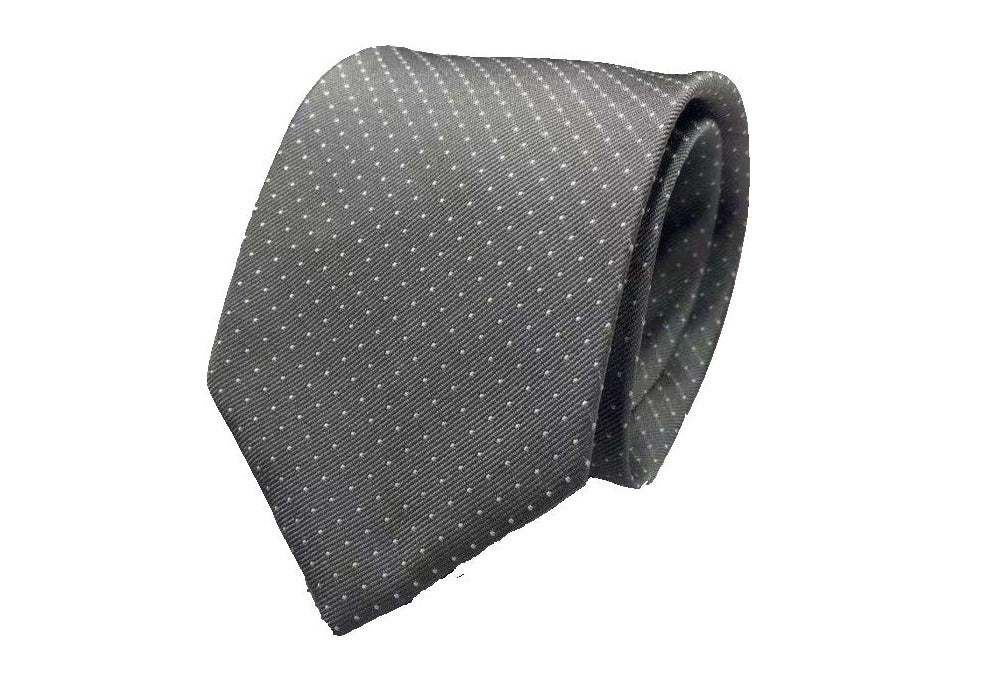 L'Ahuir natural silk grey with white dots necktie rolled