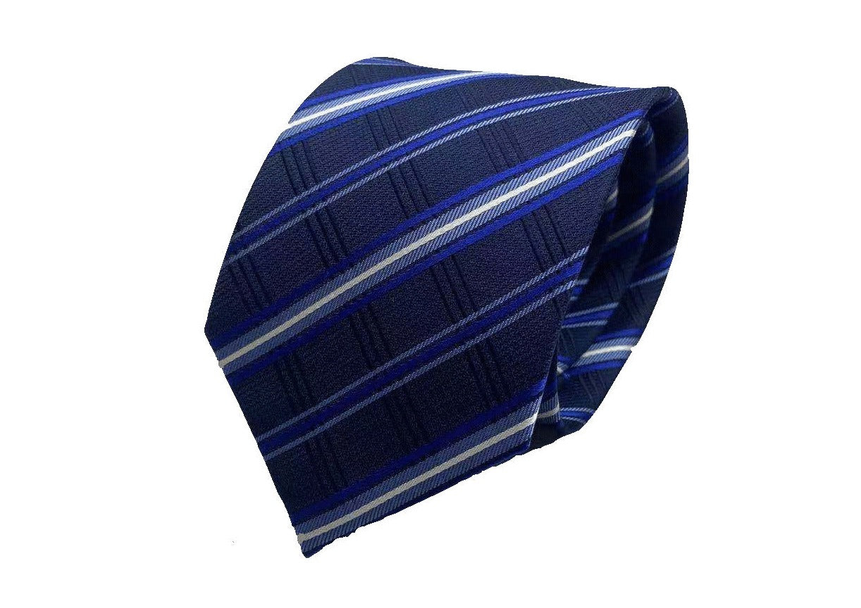 TERRANOVA - Corbata de seda azul con rayas grises y blancas