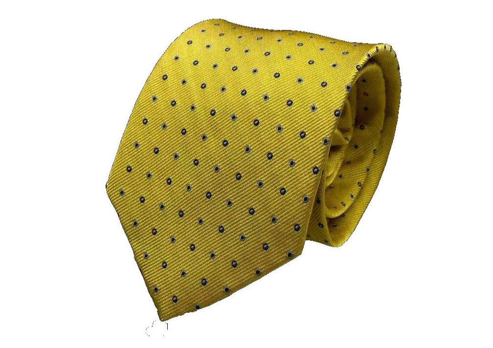 Les deveses natural silk mustard with blue polka dot necktie rolled